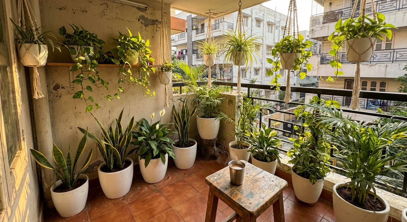 Balcony garden with air purifying plants