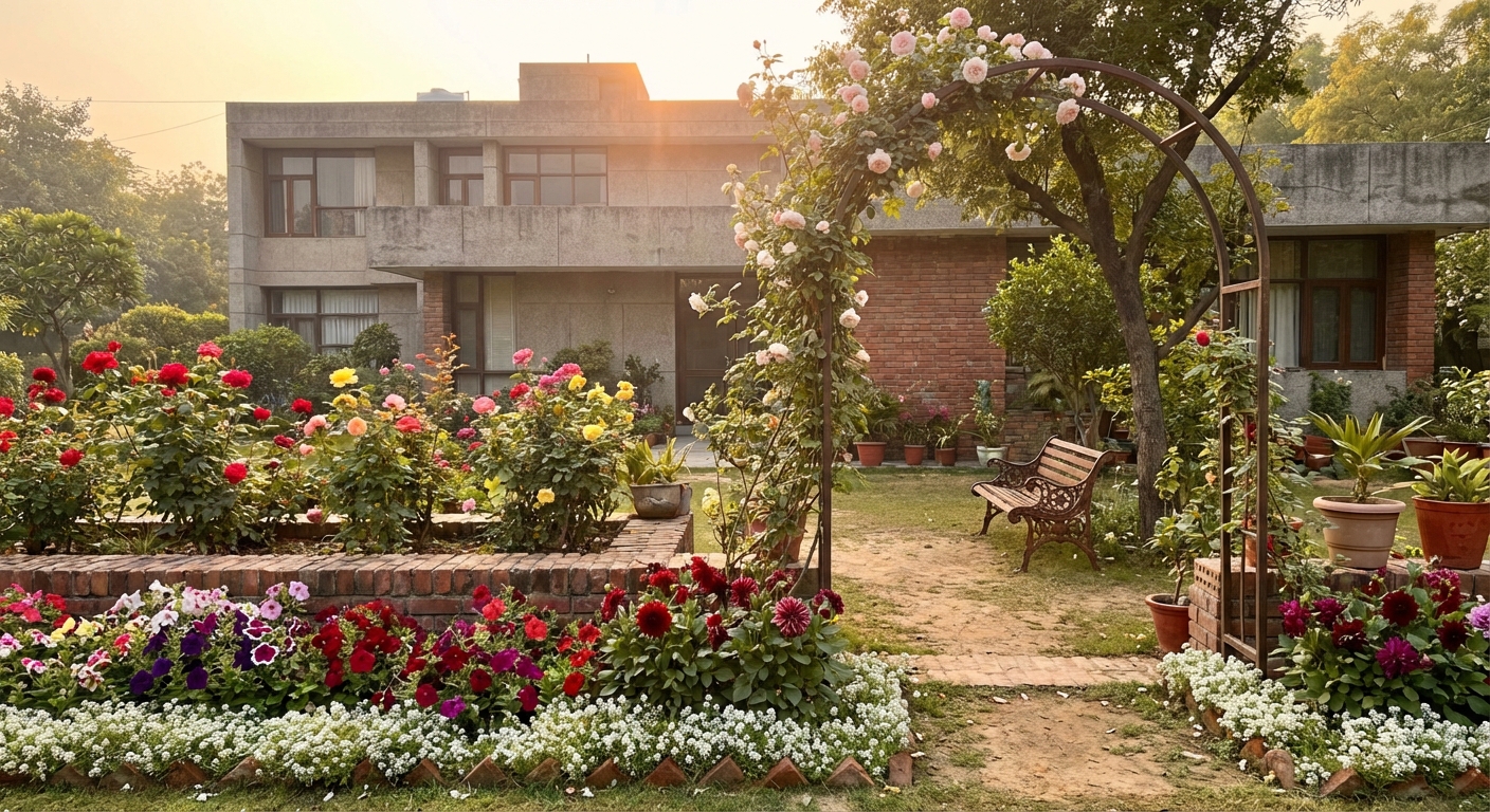 English cottage garden with roses